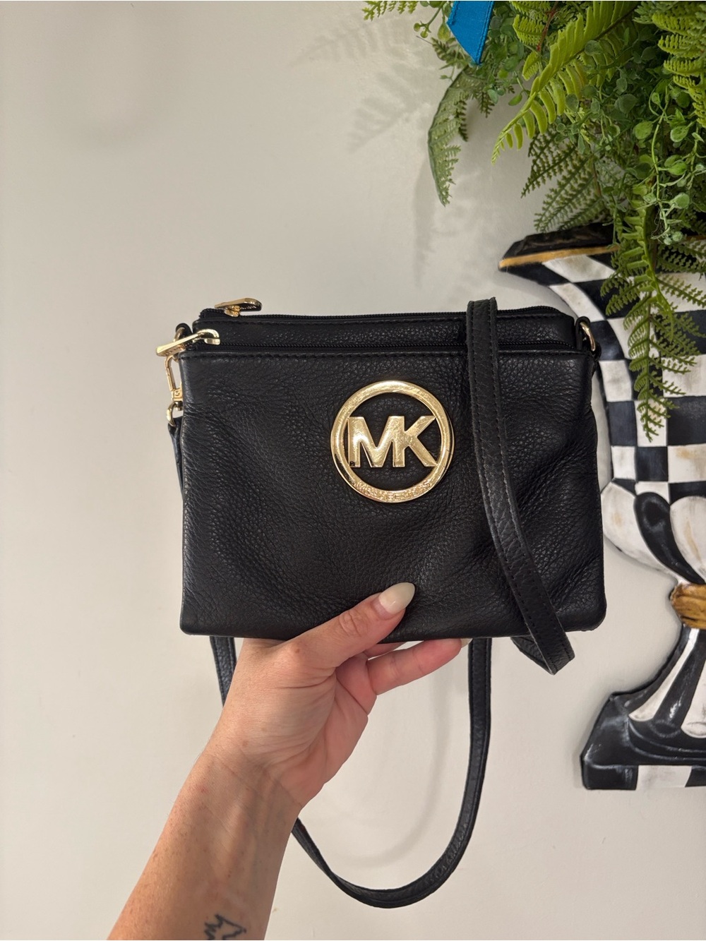 Authentic Michael Kors Black Leather Crossbody with Gold MK Emblem